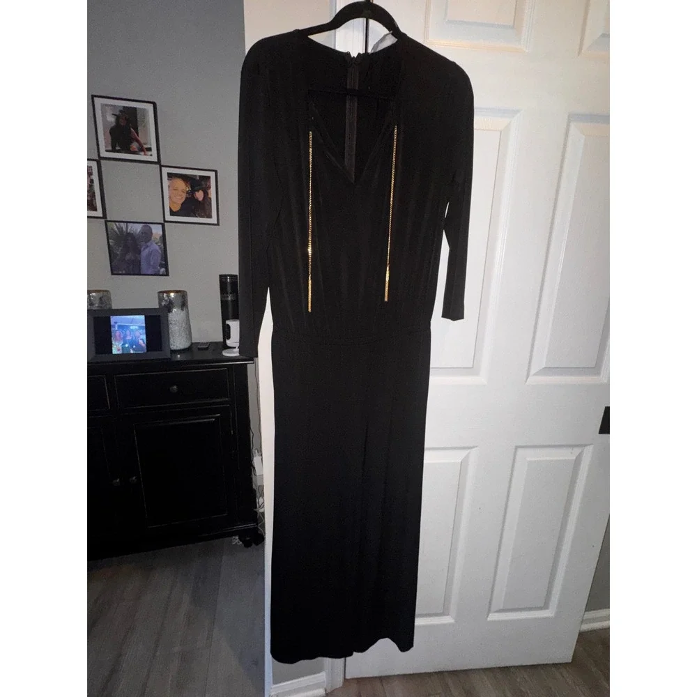 Michael Michael Kors Black Wide Leg Jumpsuit‎ Gold Chain Tassel V-Neck Medium